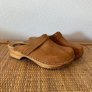 Vollsjo Swedish Brown Camel Suede Leather Wooden Clogs Slip On Mules Retro Boho